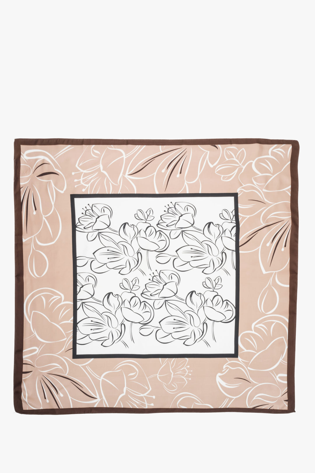 Beige, white and brown women’s neckerchief with floral pattern, Estro.