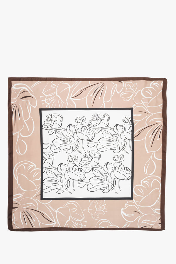 Beige, white and brown women’s neckerchief with floral pattern, Estro.