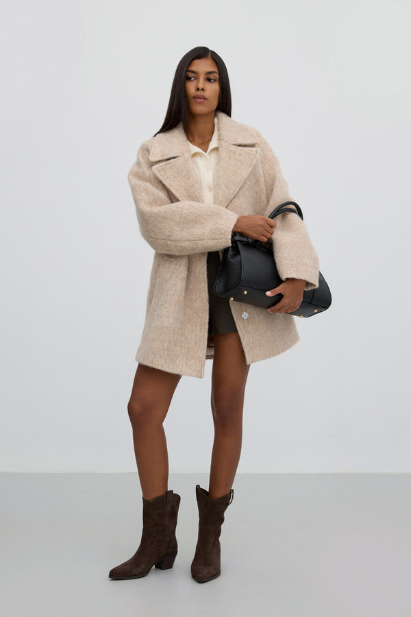 Women's Beige Wool Belted Wrap Trench Coat Estro ER00115603.