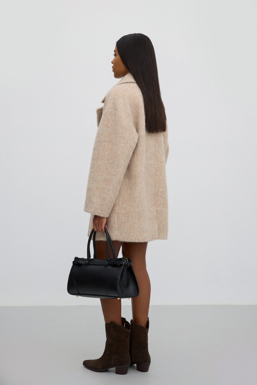 Women's beige wool trench coat - back.