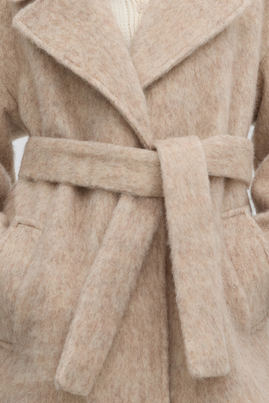 Women's Beige Wool Belted Wrap Trench Coat Estro ER00115603