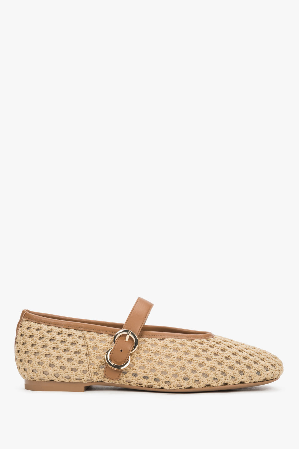 Women's Beige Woven Ballet Flats with Leather Trim and Gold Buckle Frau ER00119946.