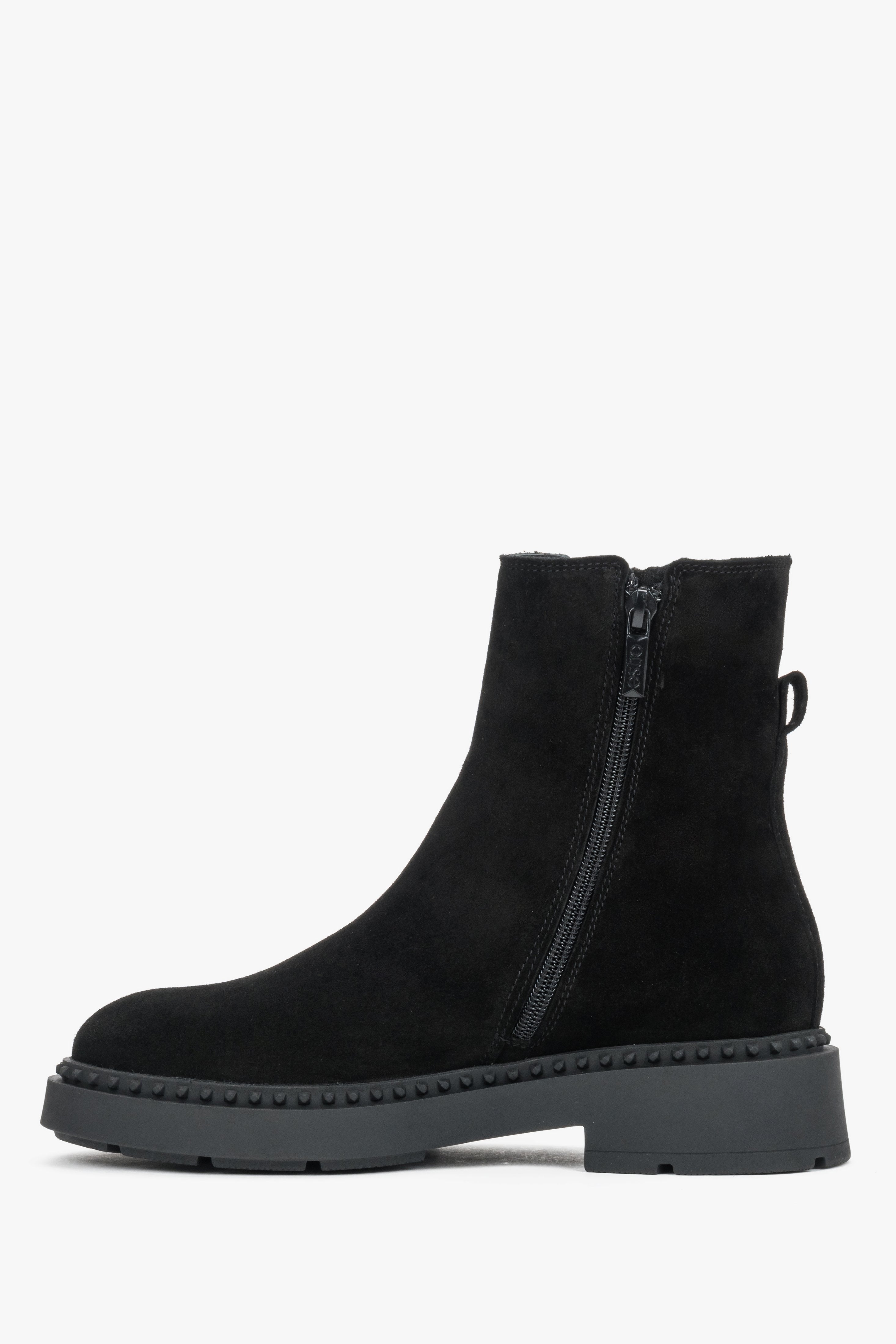Black women's ankle boots with a decorative strap, crafted from premium Italian natural velour by Estro.