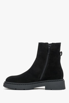 Black women's ankle boots with a decorative strap, crafted from premium Italian natural velour by Estro.