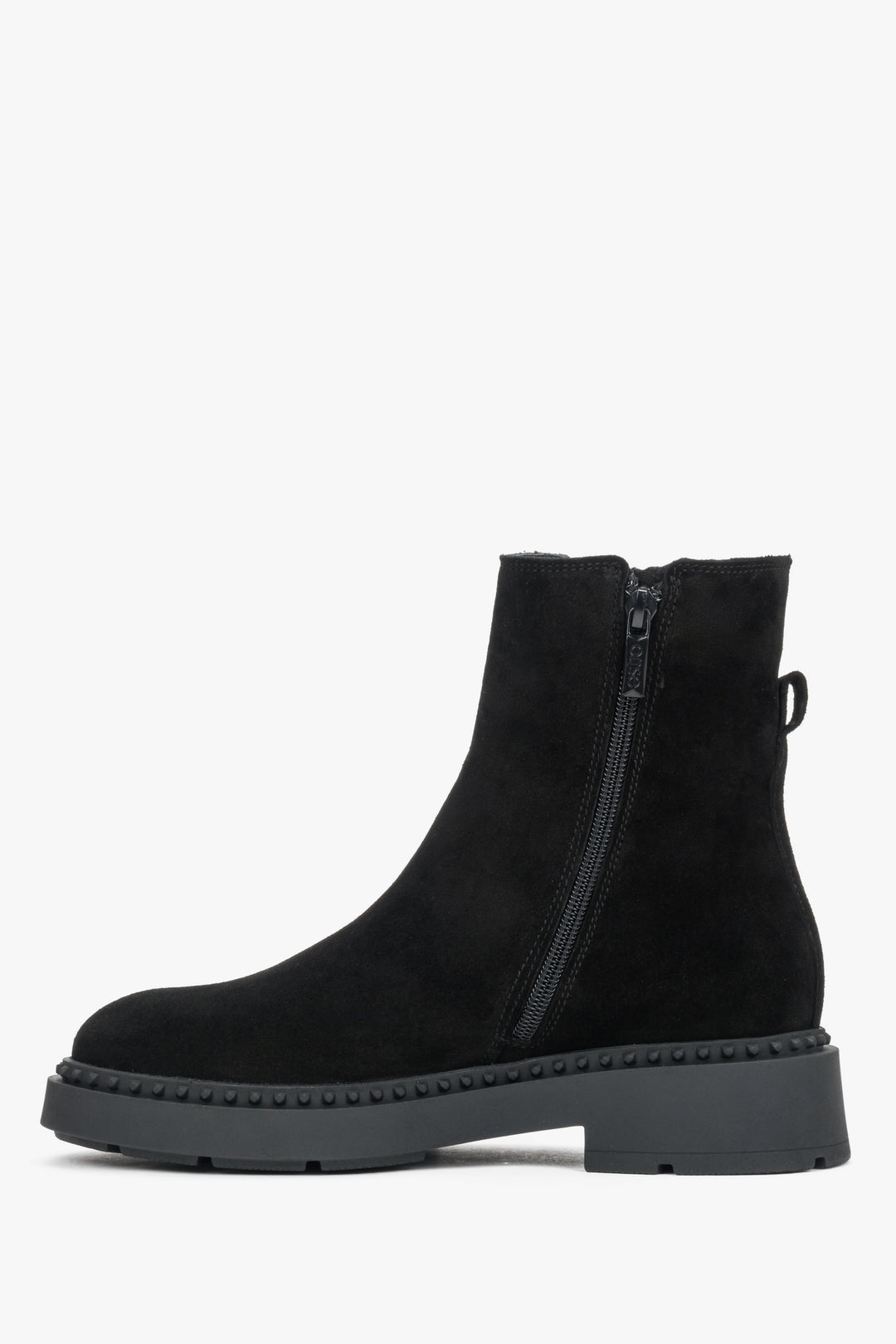 Black women's ankle boots with a decorative strap, crafted from premium Italian natural velour by Estro.