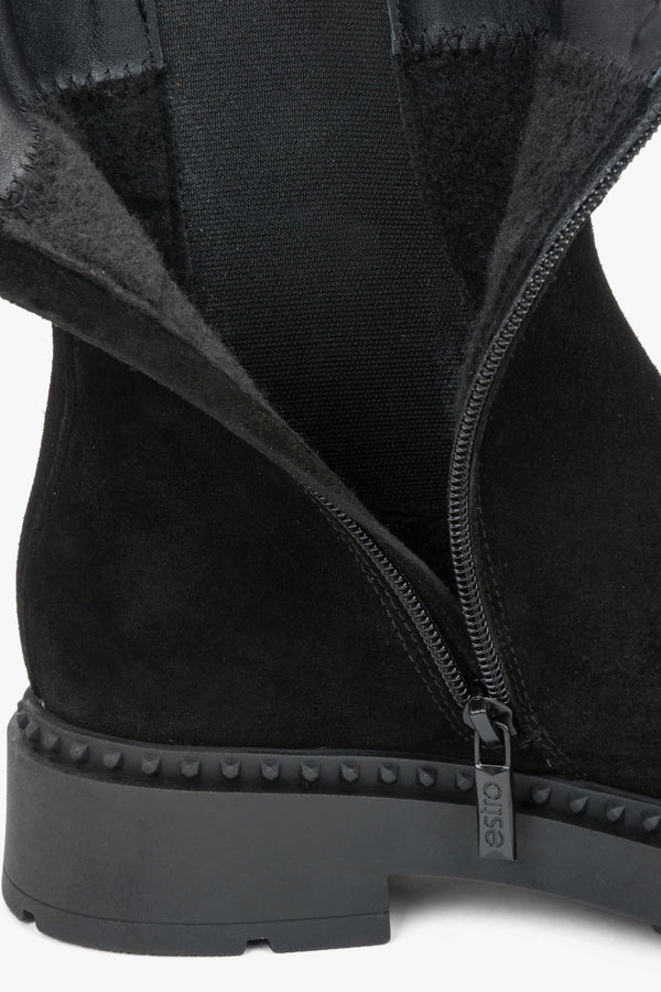 Black women's ankle boots with a decorative strap, crafted from premium Italian natural velour by Estro.