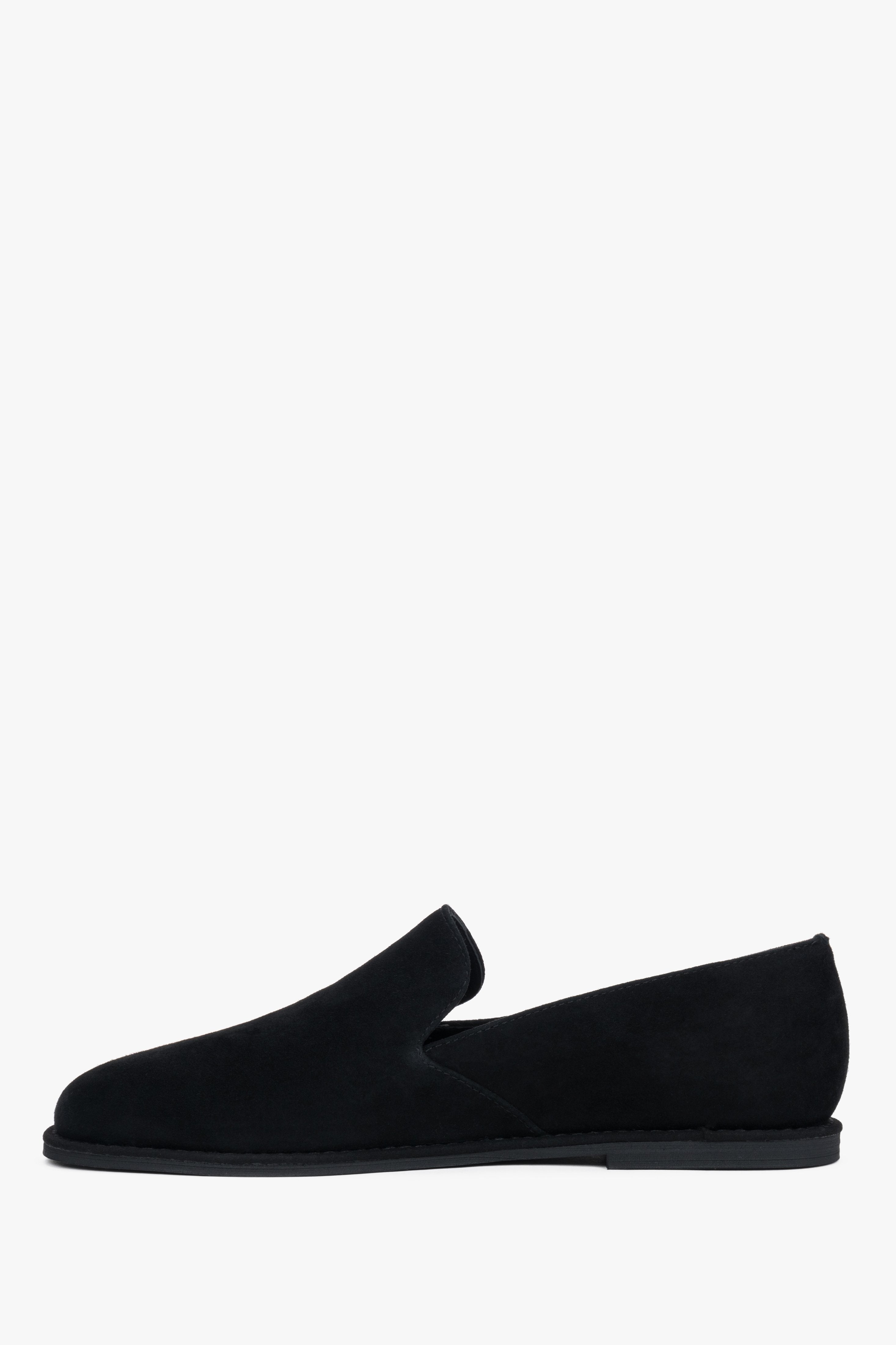 Side profile of black barefoot loafers with a thin sole.
