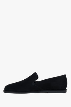 Side profile of black barefoot loafers with a thin sole.