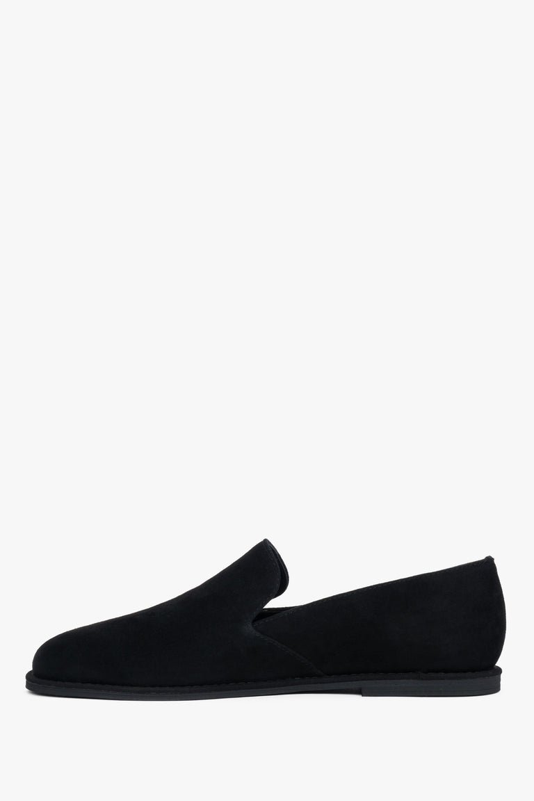 Side profile of black barefoot loafers with a thin sole.