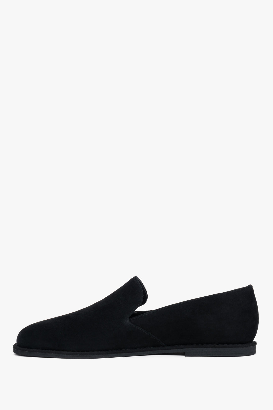Side profile of black barefoot loafers with a thin sole.