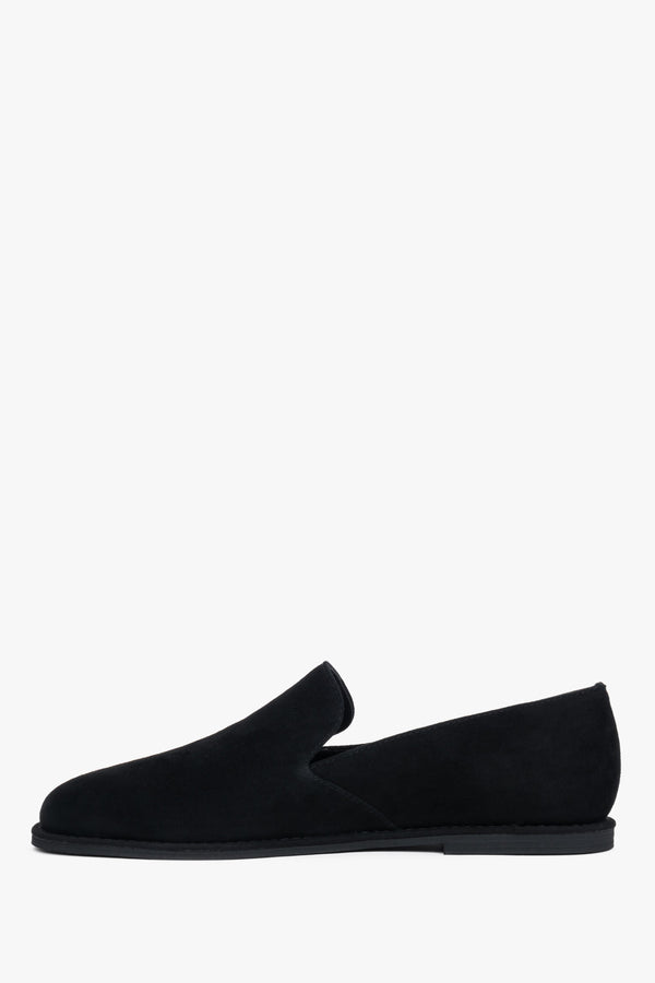 Side profile of black barefoot loafers with a thin sole.