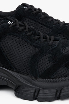 Women's black platform sneakers made of natural velour and breathable mesh - details.