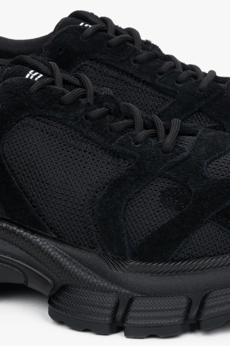 Women's black platform sneakers made of natural velour and breathable mesh - details.