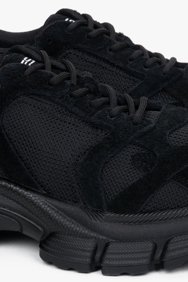 Women's black platform sneakers made of natural velour and breathable mesh - details.
