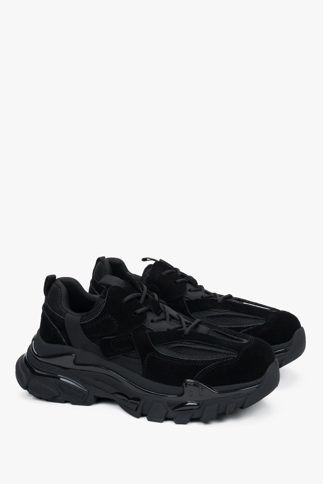 Women's black chunky velour and textile sneakers ES8.