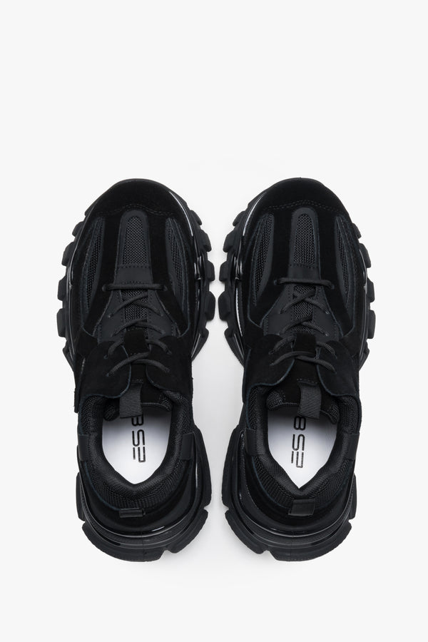 Women's black chunky sole sneakers in natural velour and textile, ES8.