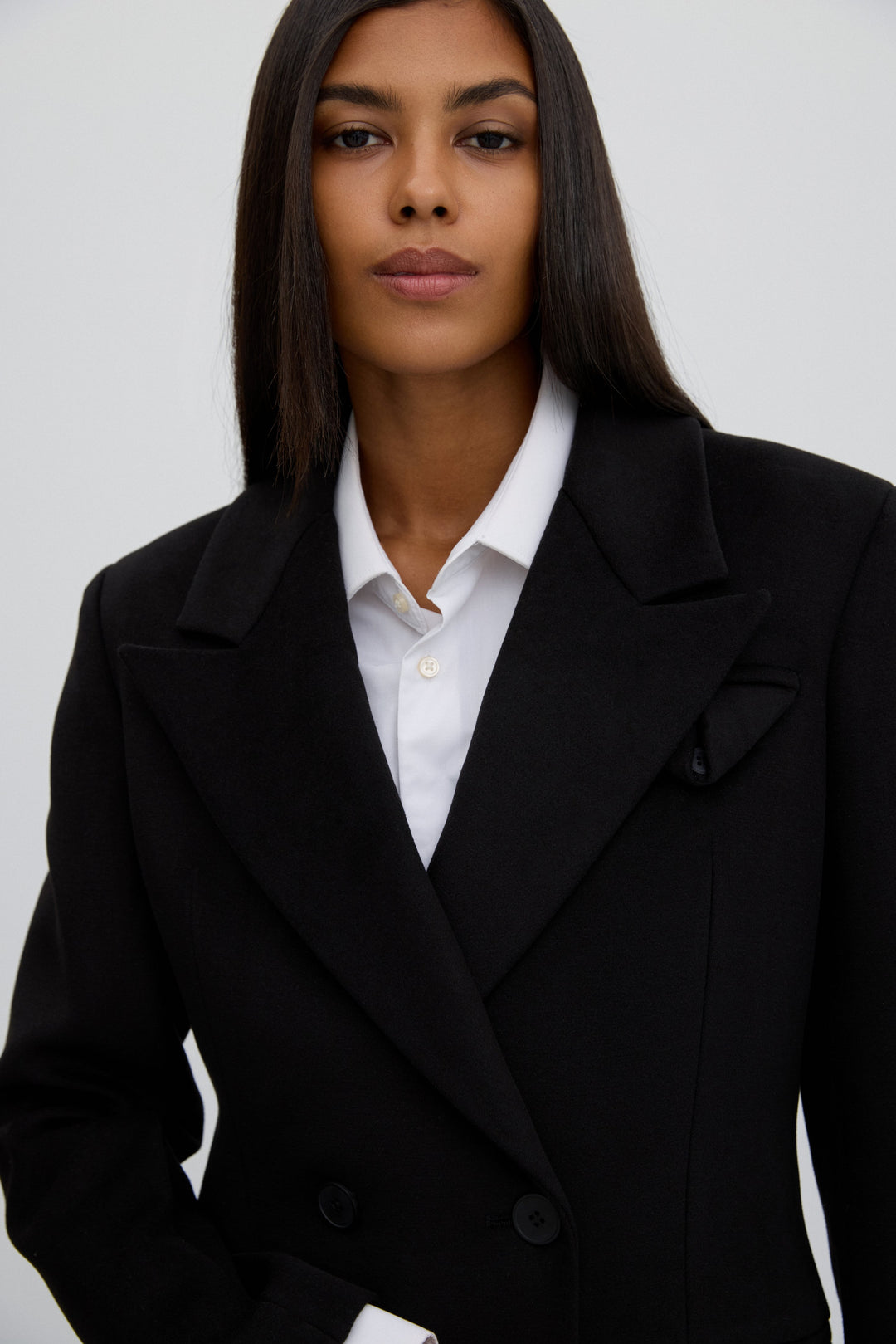 Black Classic Double-Breasted Mid-Calf Wool Coat.