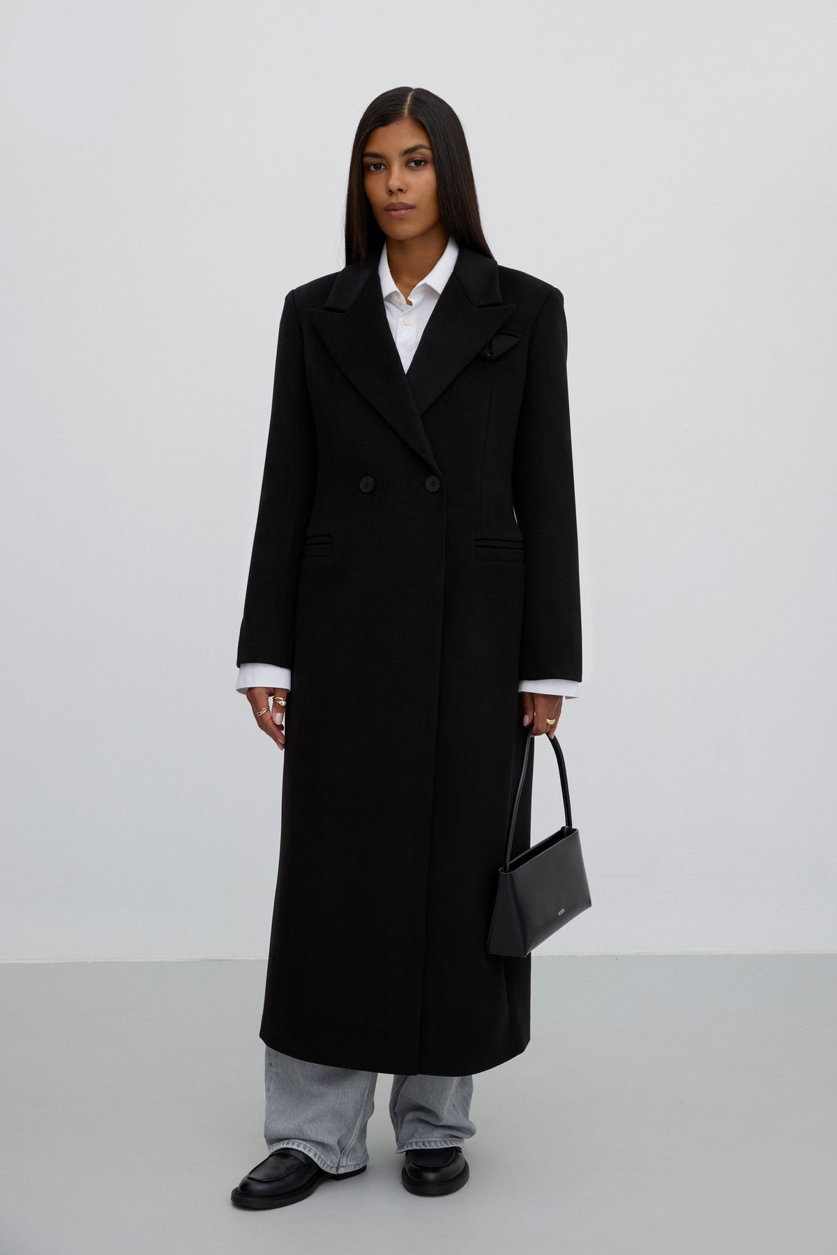 Classic Black Double-Breasted Mid-Calf Wool Coat Estro ER00118053