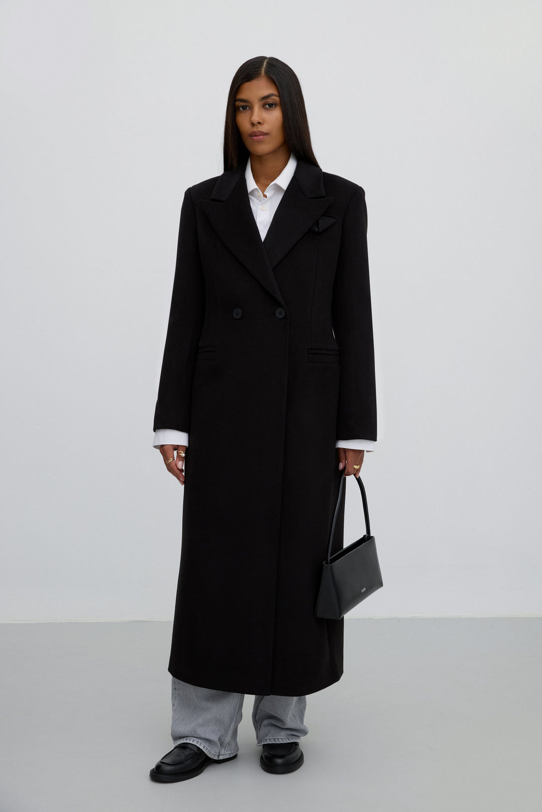 Classic Black Double-Breasted Mid-Calf Wool Coat Estro ER00118053
