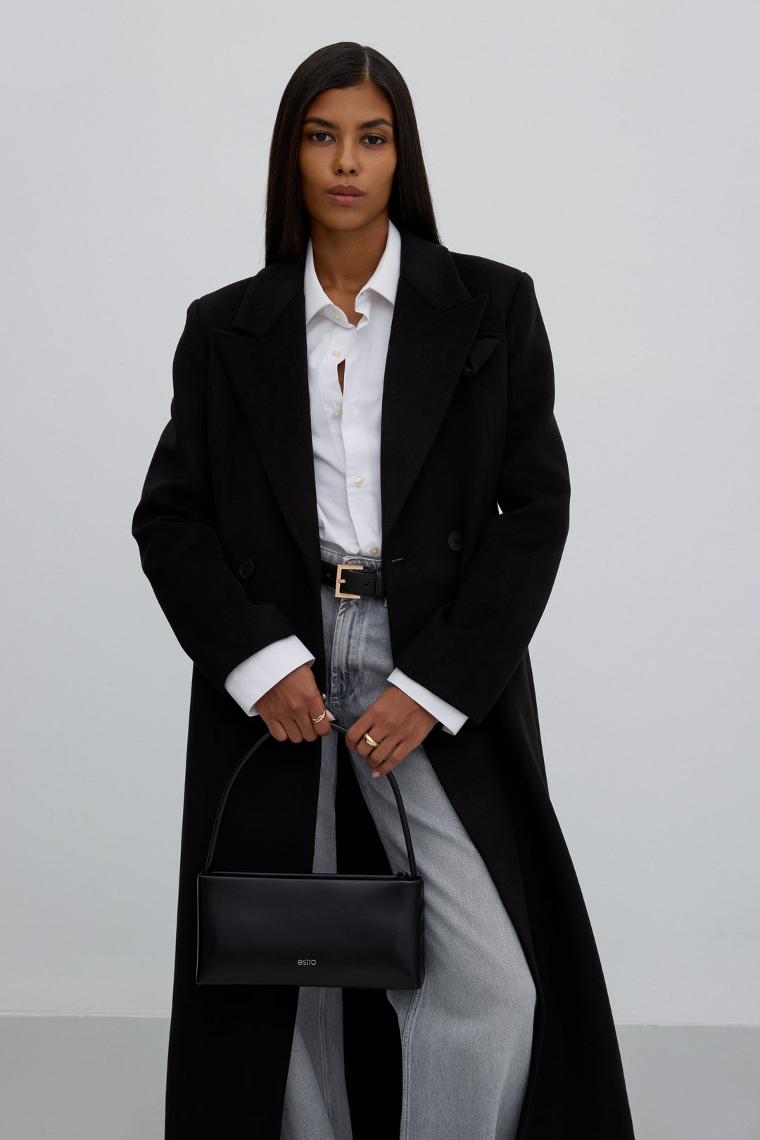 Black Double-Breasted Mid-Calf Wool Coat with a Classic Cut Estro ER00118053.