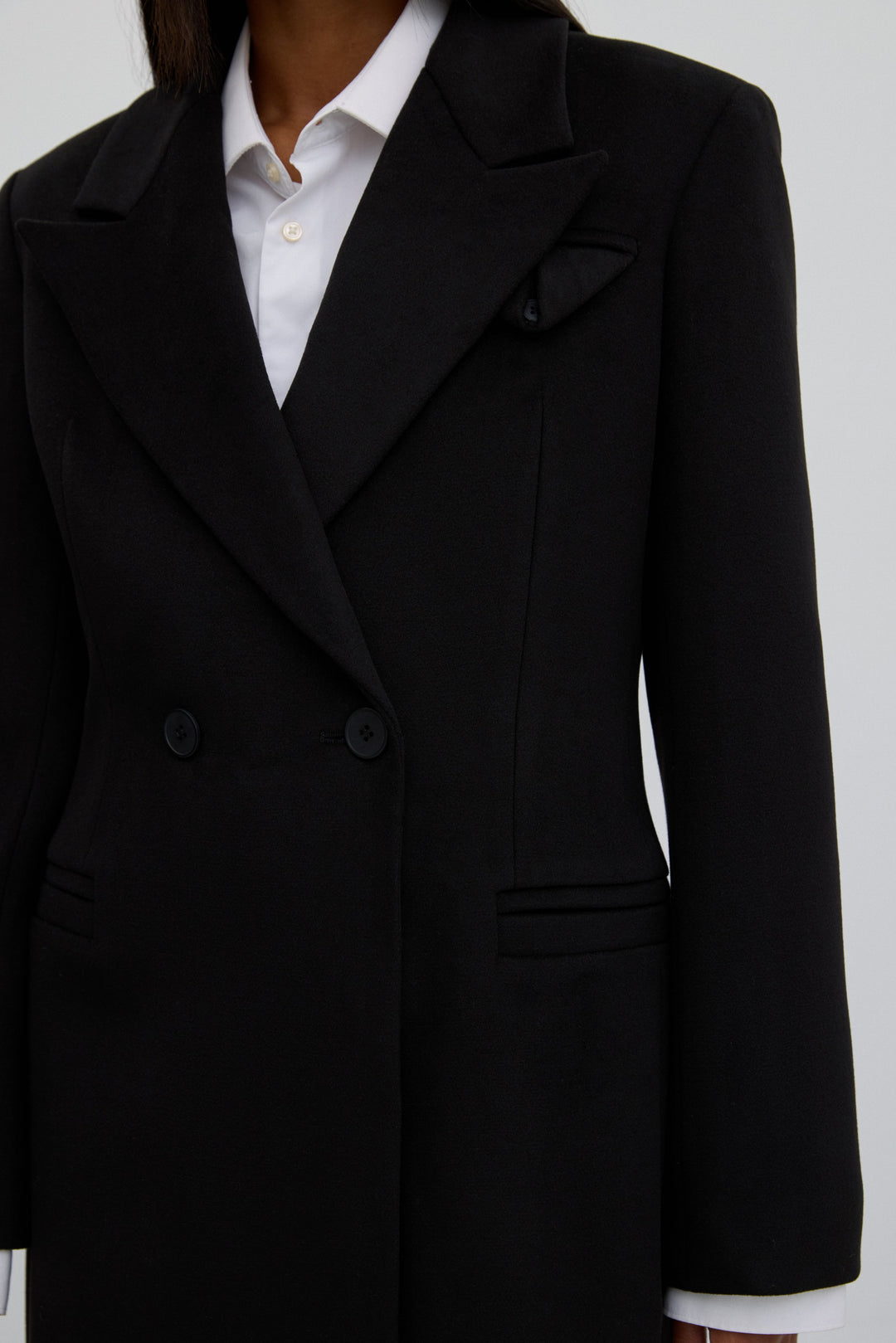 Mid-Calf Black Classic Double-Breasted Wool Coat Estro ER00118053.