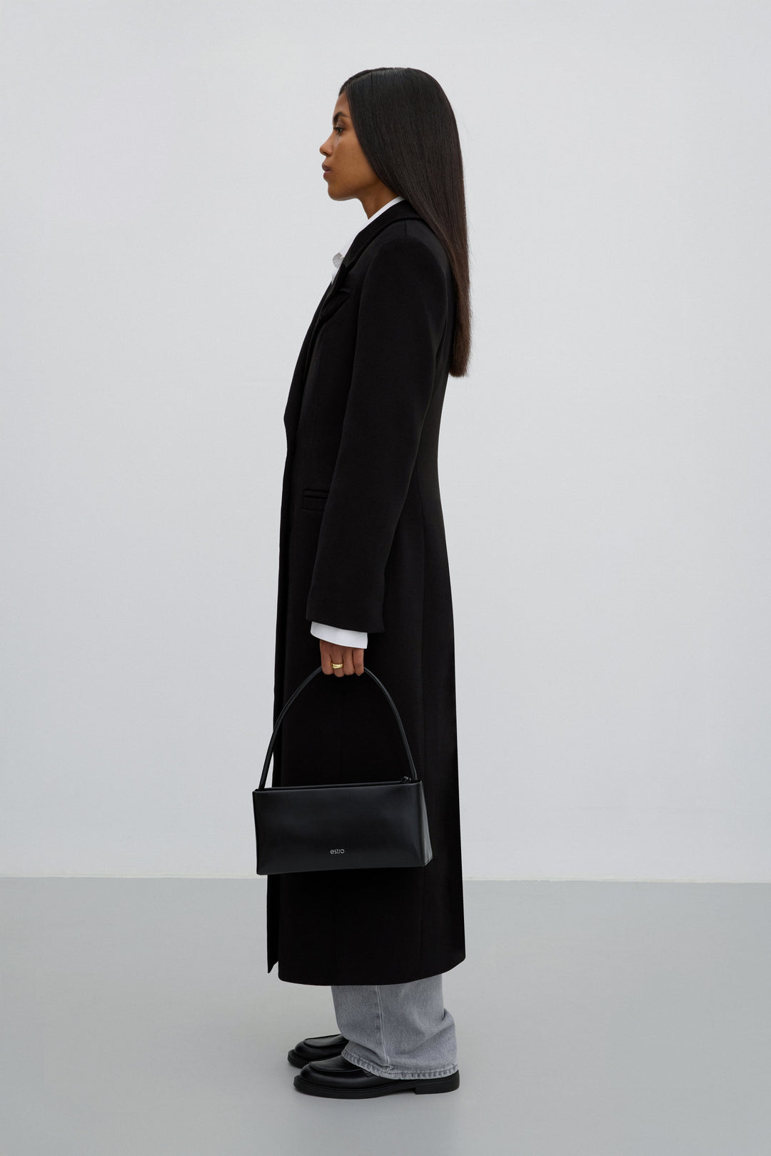 Black Classic Double-Breasted Mid-Calf Wool Coat Estro ER00118053.