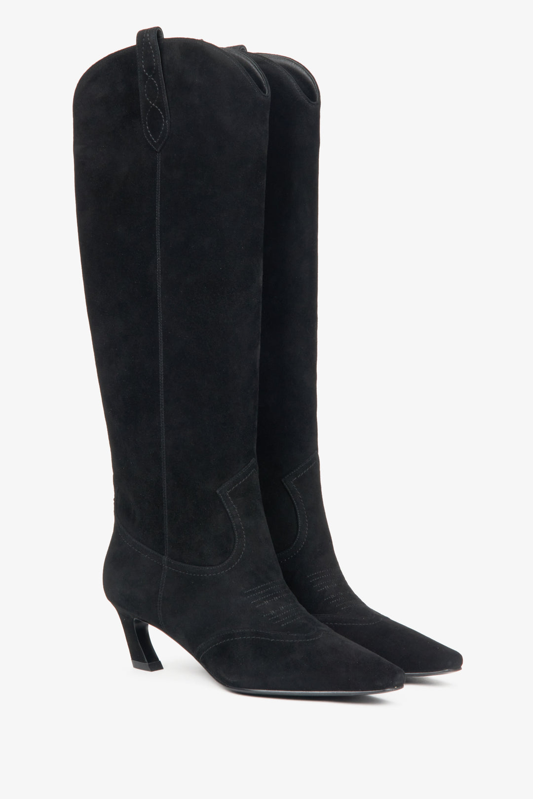 Women's black cowboy boots by Estro, crafted from natural suede with a high shaft.