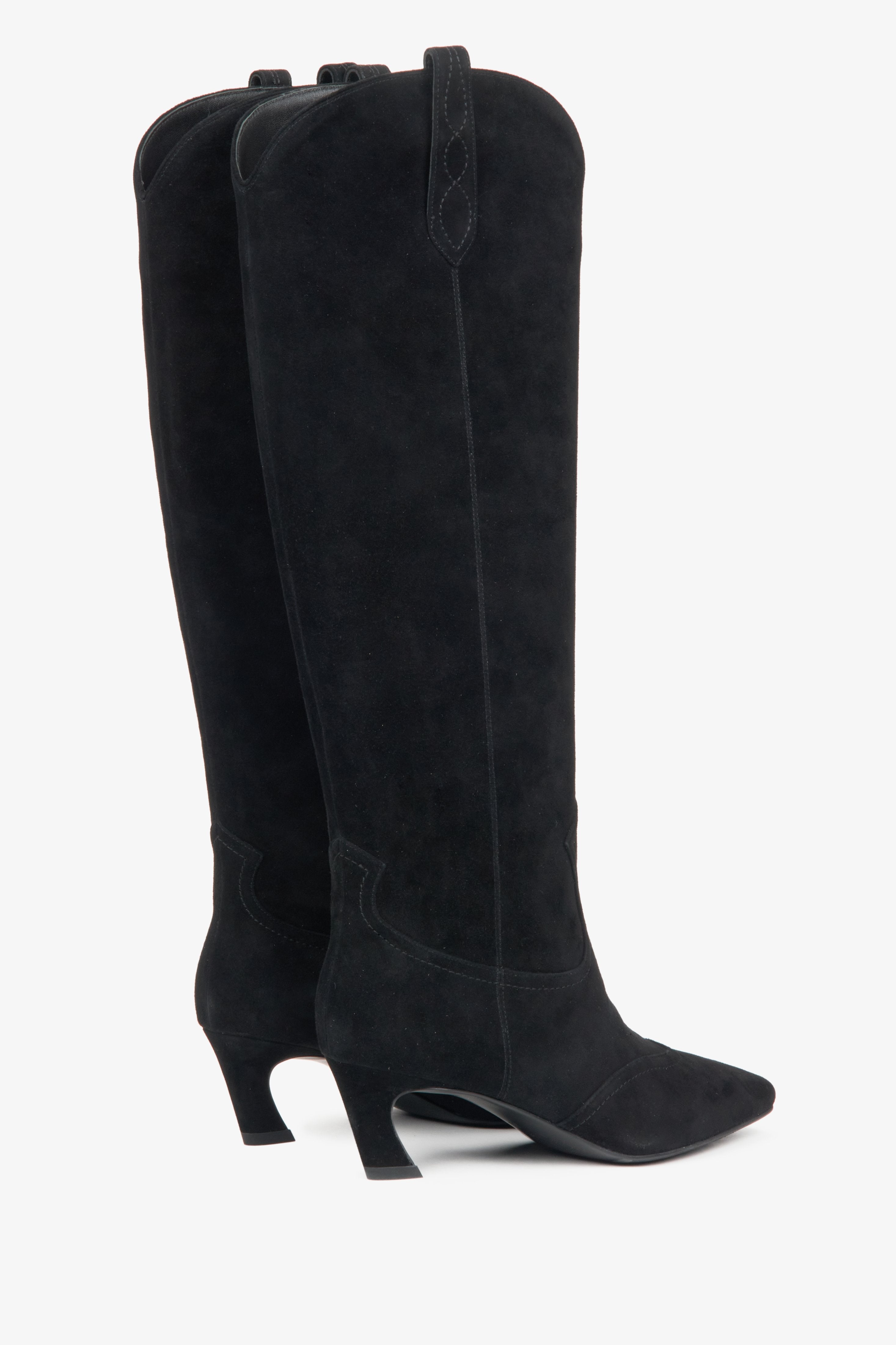 Women's tall black cowboy boots in soft natural suede, designed by Estro.