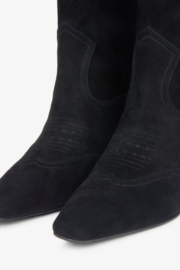 Natural suede women's black cowboy boots with a high shaft by Estro.