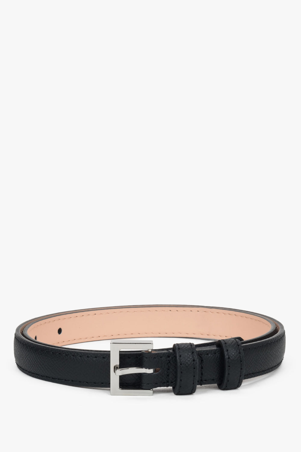 Women's delicate black leather belt with elegant silver accents, Estro ER00118268.