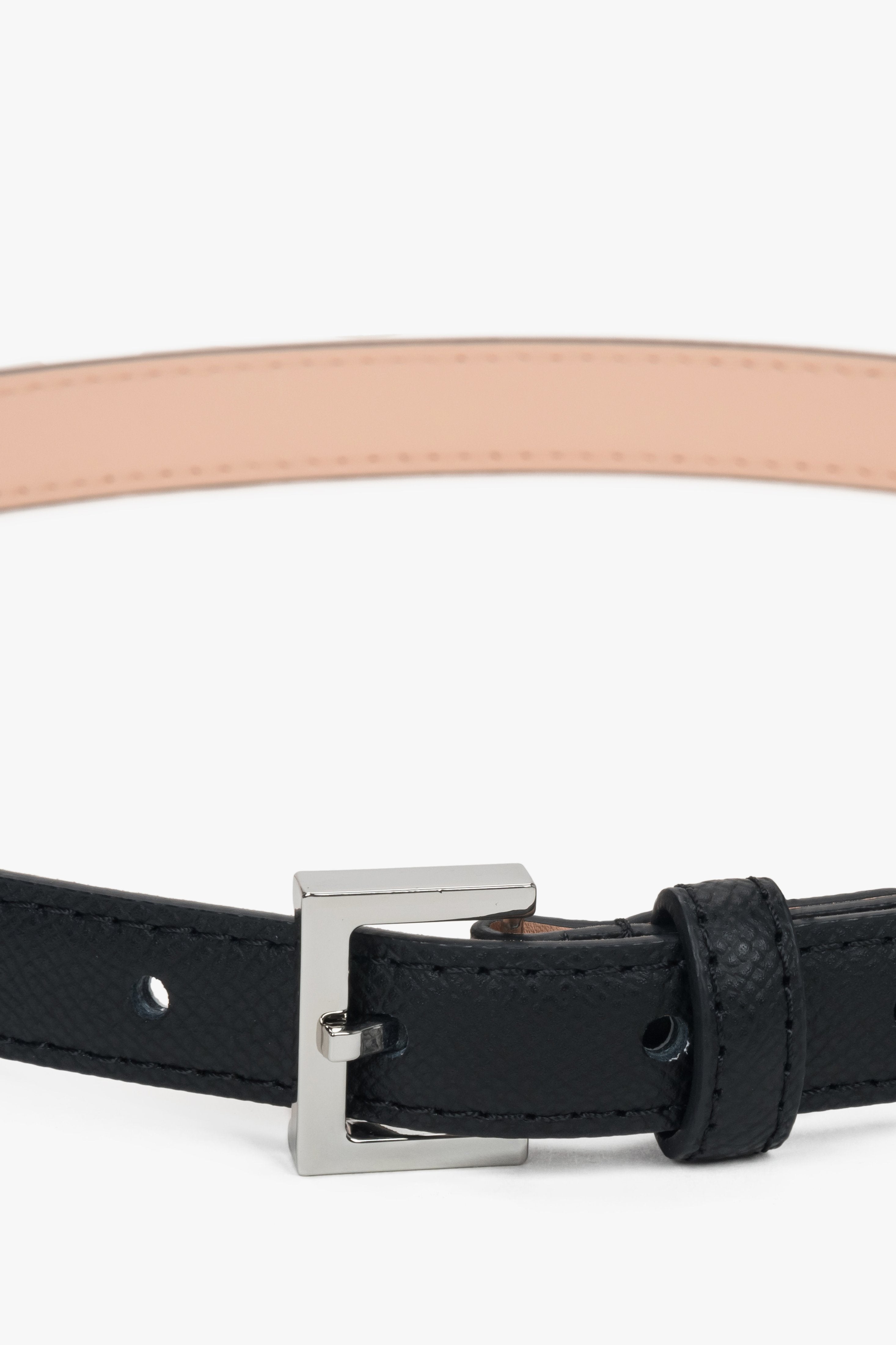 Subtle women's black genuine leather belt with refined silver details, Estro ER00118268.