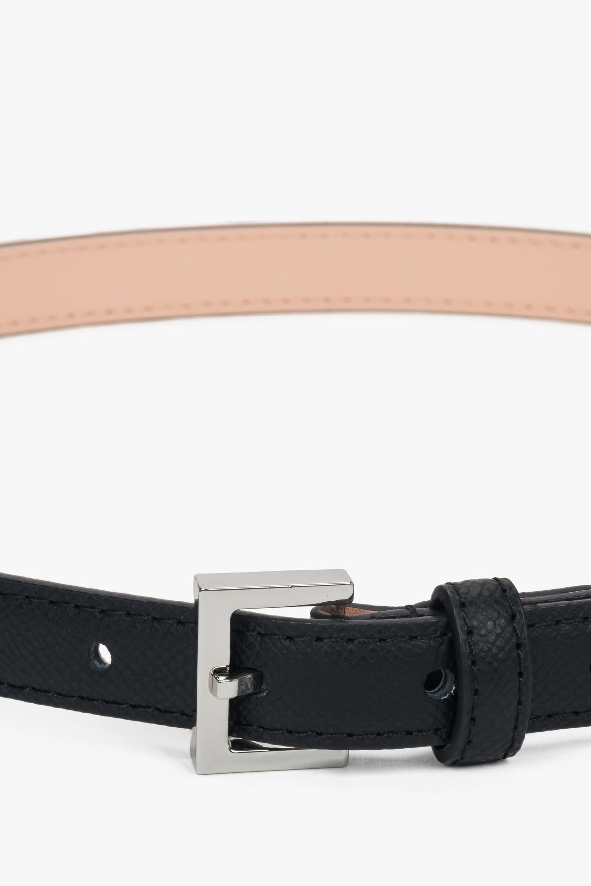 Subtle women's black genuine leather belt with refined silver details, Estro ER00118268.