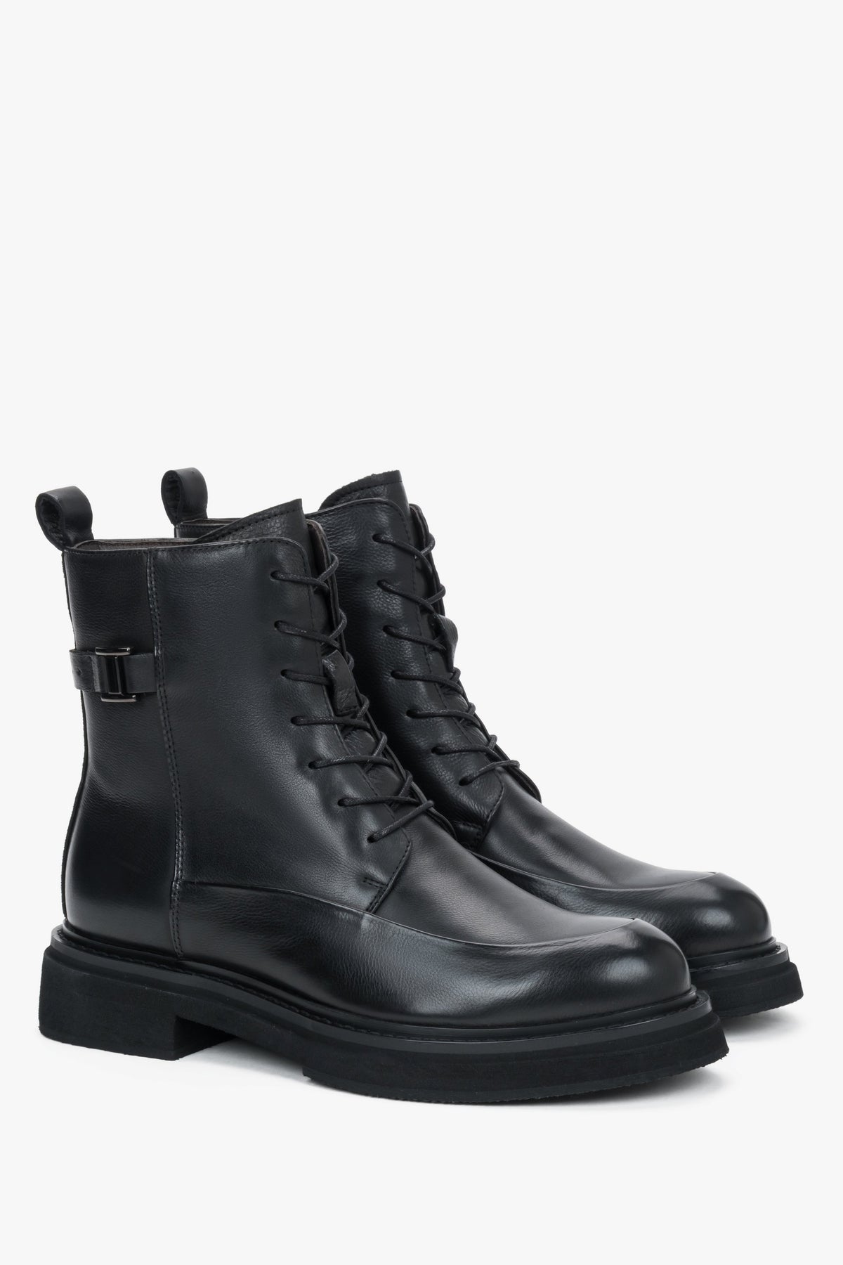 Estro - women's black genuine leather ankle boots with decorative lacing.