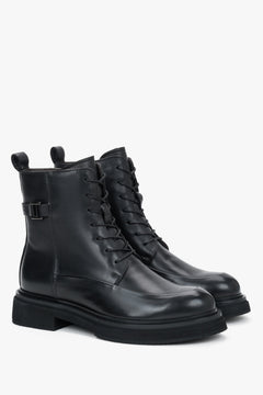 Estro - women's black genuine leather ankle boots with decorative lacing.