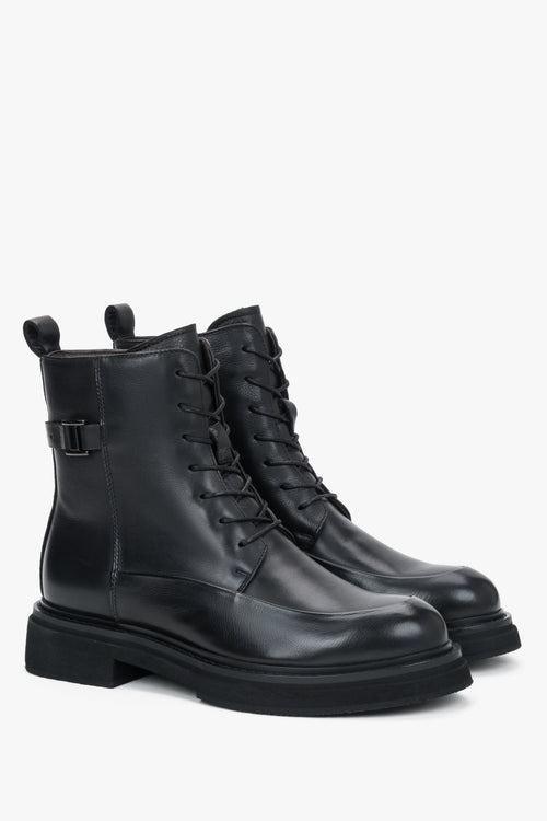 Estro - women's black genuine leather ankle boots with decorative lacing.
