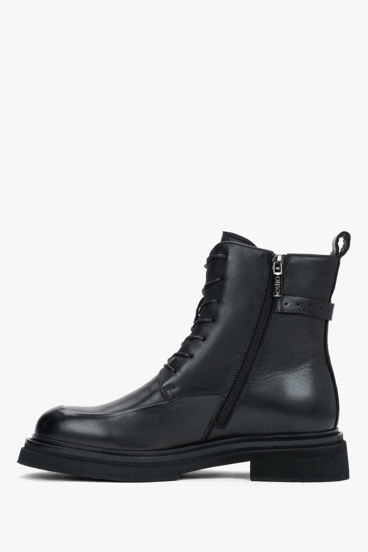Black leather women's lace-up ankle boots with decorative detail, Estro.