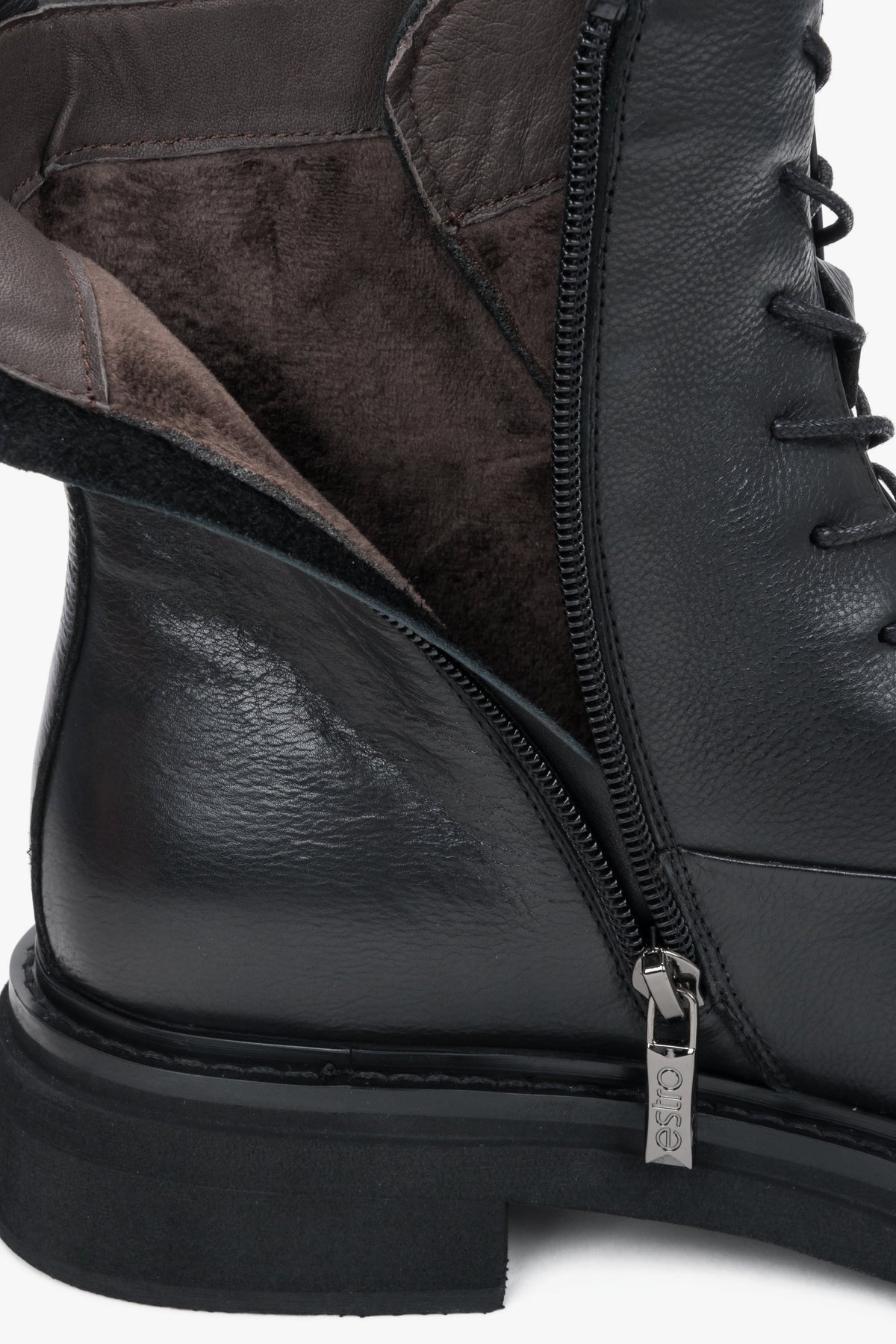 Black leather women's lace-up ankle boots with decorative detail, Estro.