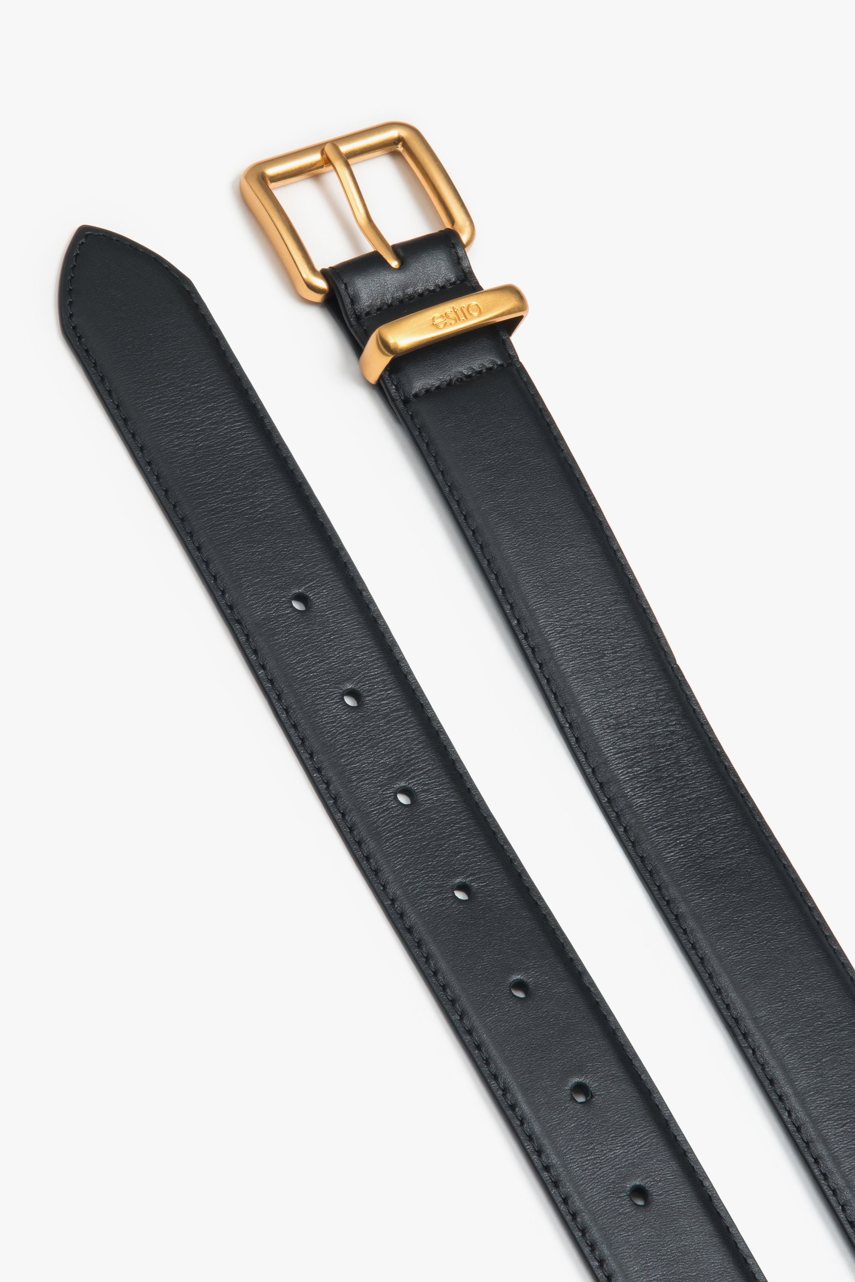 Women's black leather belt with a gold buckle, Estro.