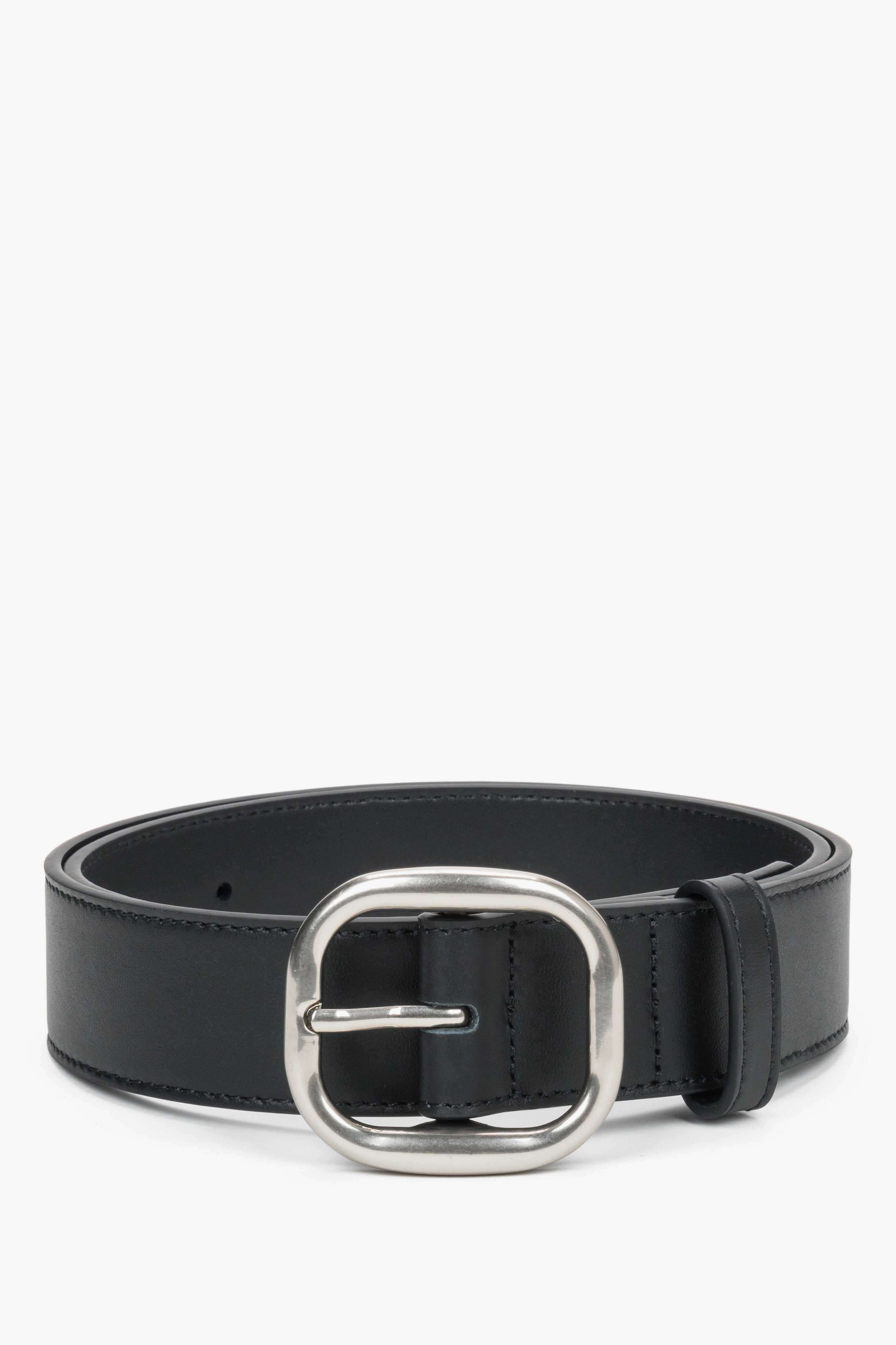 Women's Black Genuine Leather Belt with Silver Oval Buckle Estro ER00120742.