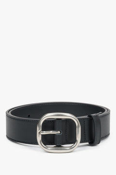 Women's Black Genuine Leather Belt with Silver Oval Buckle Estro ER00120742.