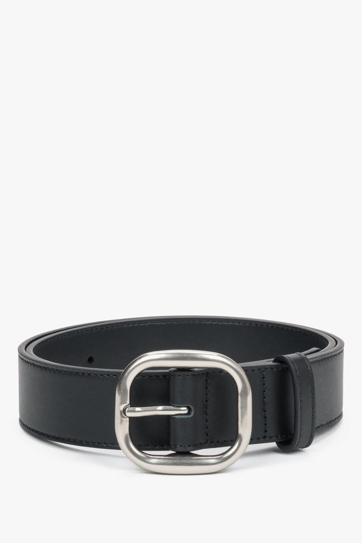 Women's Black Genuine Leather Belt with Silver Oval Buckle Estro ER00120742.