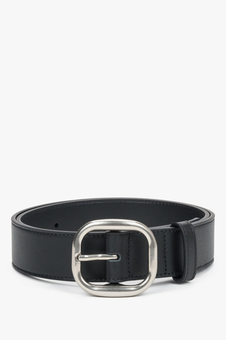 Women's Black Genuine Leather Belt with Silver Oval Buckle Estro ER00120742.