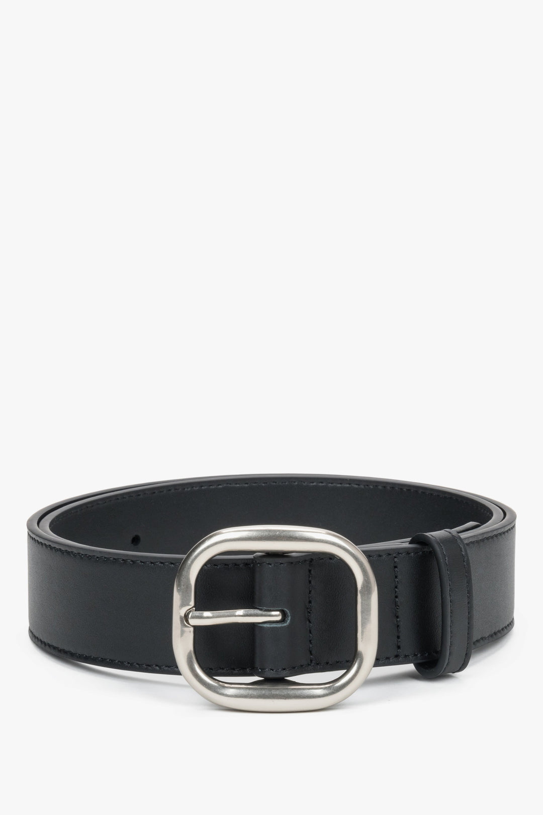 Women's Black Genuine Leather Belt with Silver Oval Buckle Estro ER00120742.
