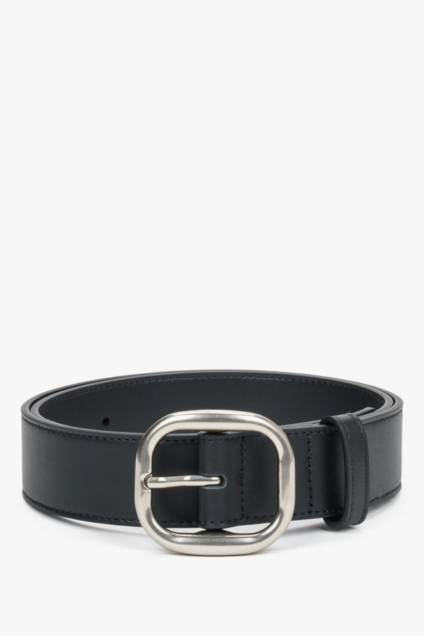 Women's Black Genuine Leather Belt with Silver Oval Buckle Estro ER00120742.