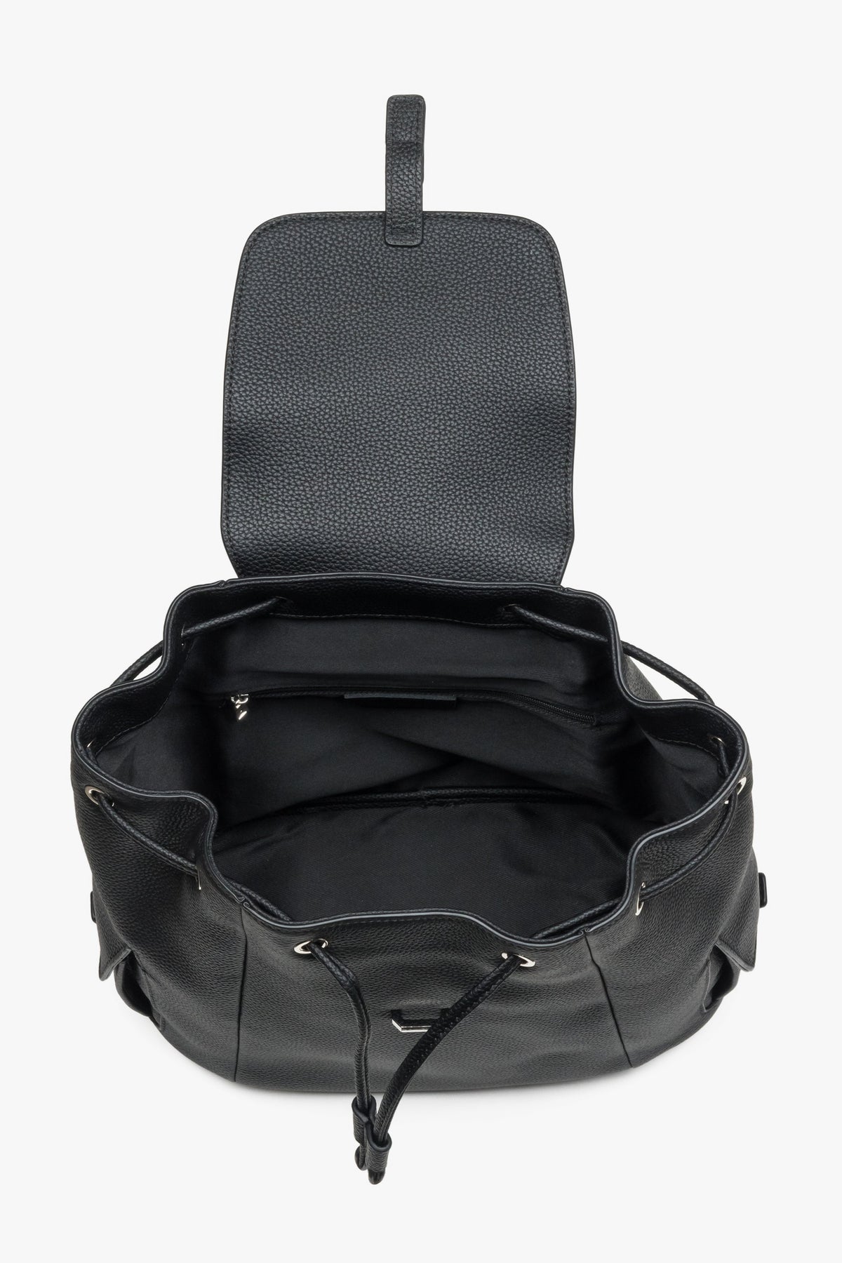 Black genuine leather women's bucket backpack, Estro.