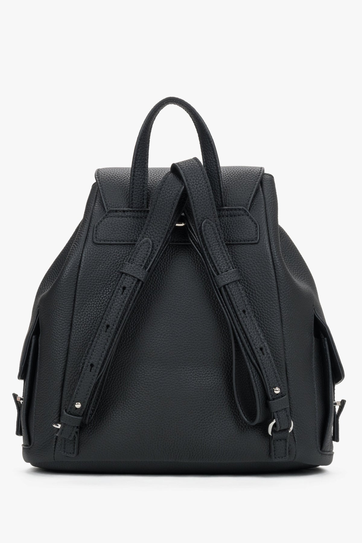 Black genuine leather women's bucket backpack, Estro.