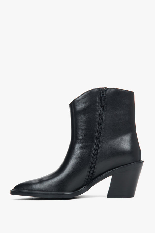 Women's black genuine leather cowboy boots with low heel.