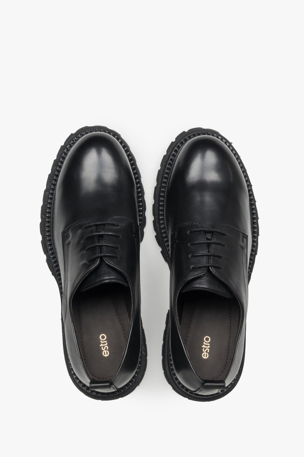 Black leather women's chunky lug-sole derby shoes, Estro.