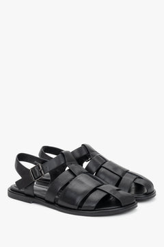 Women's Black Genuine Leather Flat Fisherman Sandals Estro ER00119384.