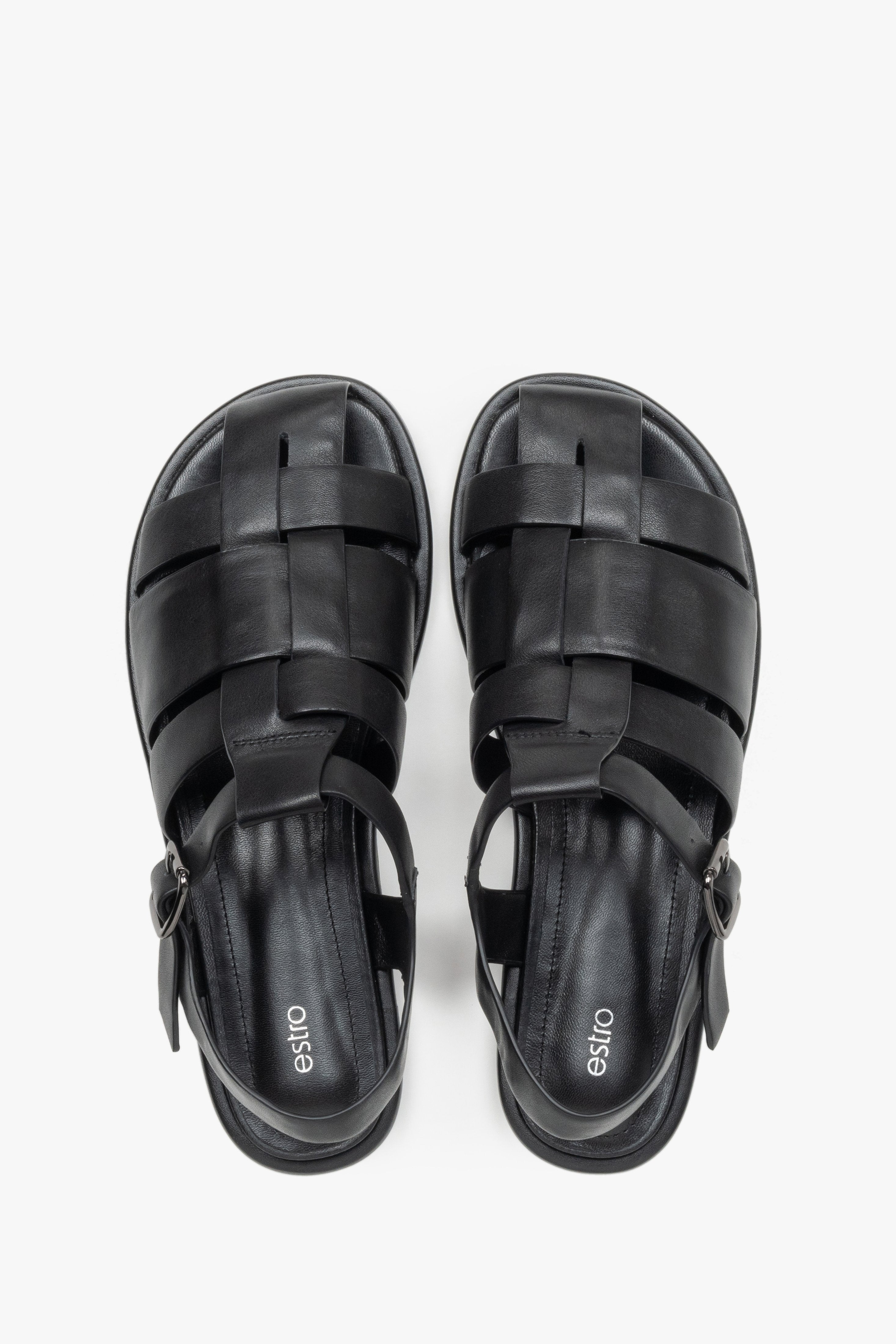 Women's flat black leather sandals in a classic fisherman style.